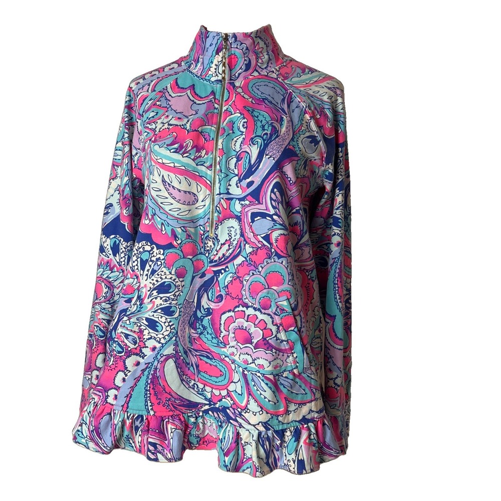 Lily Pulitzer Womens M 1/4 zip top pinks blues paisley long slv ruffle stretch